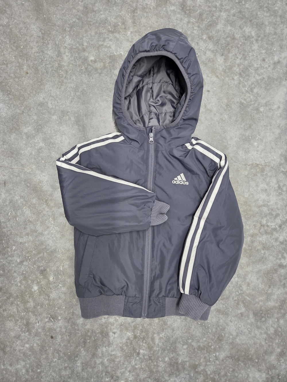 Adidas Gray Hooded Kids Bomber Jacket White Stripes Outerwear Winter Size XS